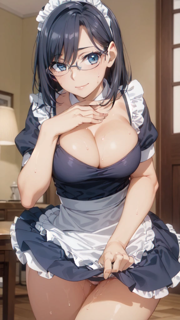 One girl,18-year-old,(Perfect hands:1.3), Perfect Fingers,Perfect Anatomy, (masterpiece), highest quality,Realistic, hyperRealistic, 16K HDR,, morning, short hair,(Beautiful female hands), Black Hair, blue eyes, Glasses,gl is es, ,Cafe,Are standing,(Sweat:1.3),(Smile:1.2),Big Breasts,Cleavage,(skirt lift up by self:1.5),(Showing panties),(Sexy maid outfit,Headdress:1.2),Ultra mini skirt,Sexy maid outfit,
