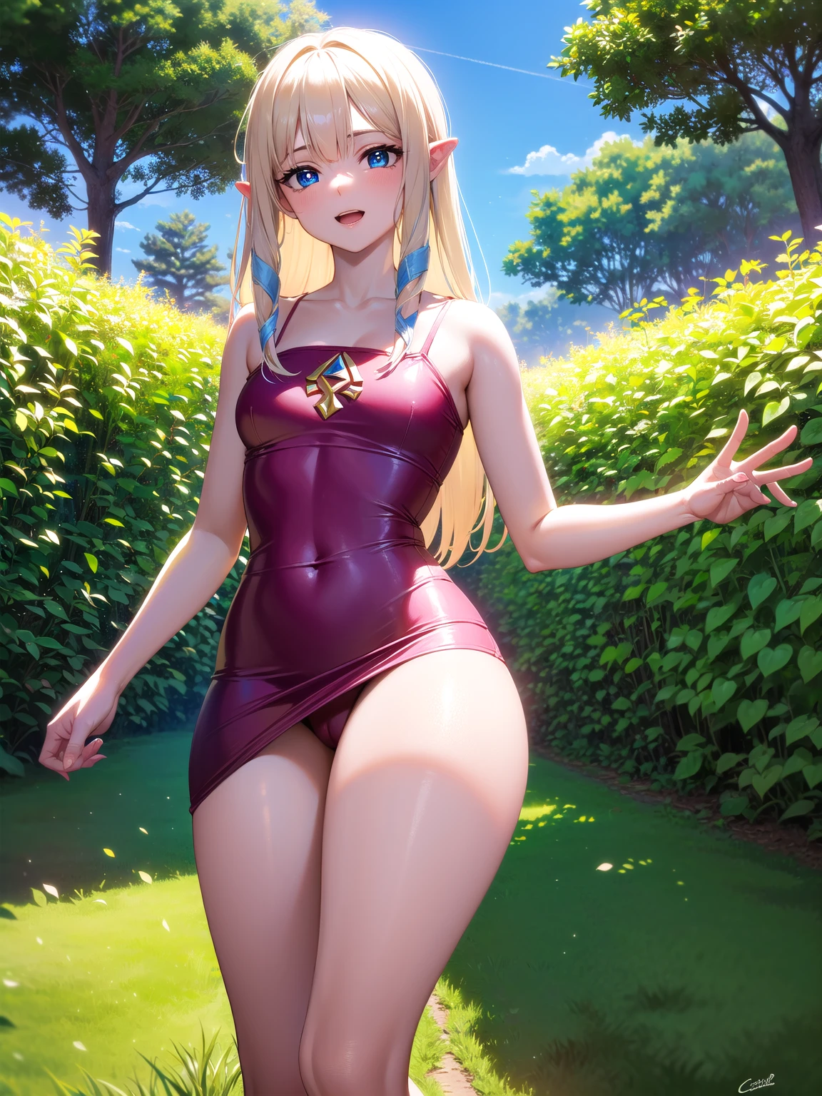 cuerpo delgado, small breasts,piel suave,princesa zelda, zelda espada hacia el cielo, pelo rubio, blue eyes, ancho, , cerraduras laterales, , golpes, blunt golpes, cintas, hair cintas, sonrisa,
ROMPER vestido, , (pink vestido:1.2),
PELELE al aire libre, naturaleza, bosque, trees, grass, sol, cielo, nubes,
PELELE mirando al espectador,
ROMPER (Obra maestra:1.2), mejor calidad, high resolution, fondo de pantalla de unidad 8k, (ILLUSTRATION:0.8), (hermosos ojos detallados:1.6), cara extremadamente detallada, perfect lighting, CG extremadamente detallado, (manos perfectas, perfect anatomy), escote profundo, pechos medianos, NSFW, lenceria rosa,pose sexy,pose caliente