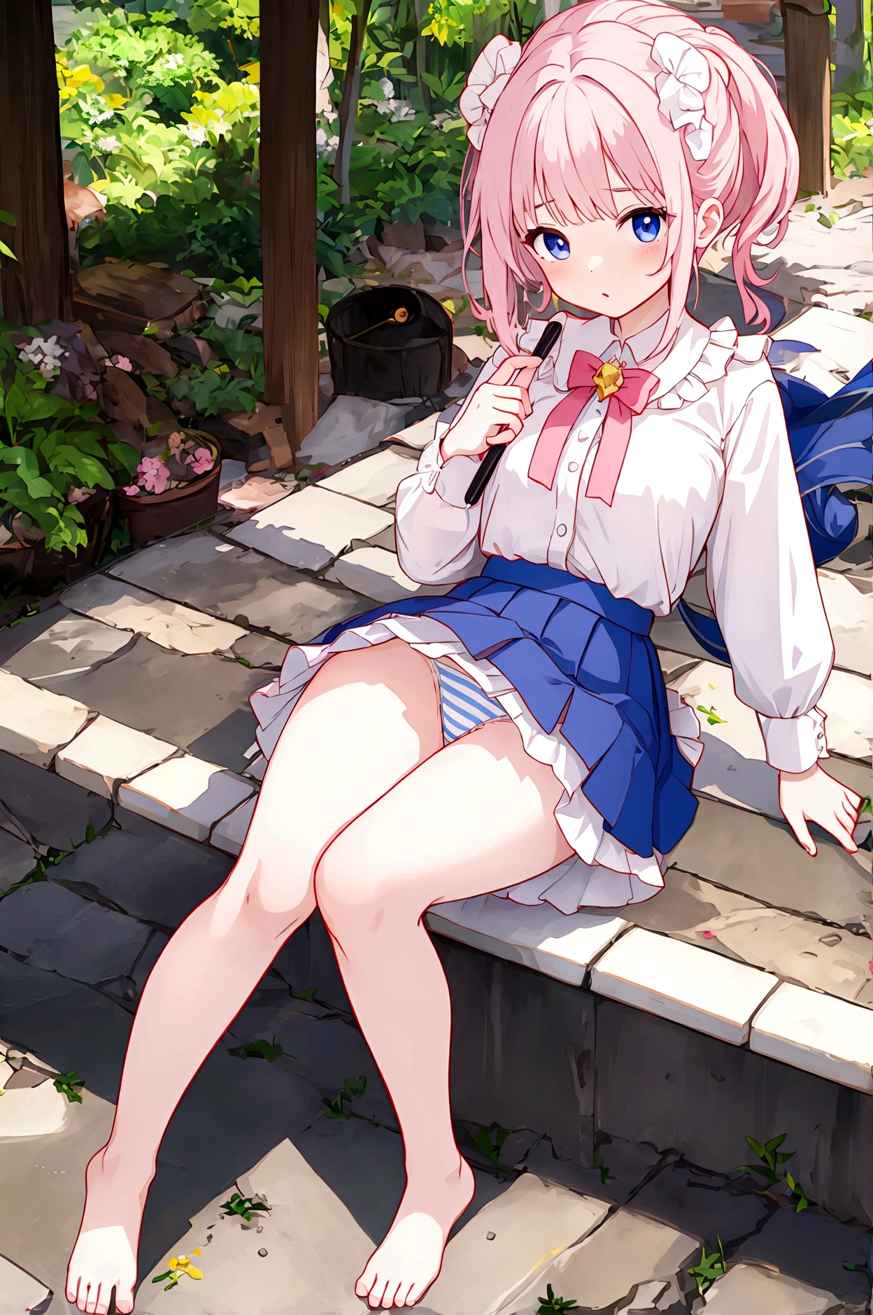 Plain white with emphasis on the chestTshirt、You can see the chest from the neck、Ultramarine and white striped mini skirt、When you lift up her skirt you can see her cute pink frilly underwear.、A fluffy, white ruffled flared skirt、When she flipped her skirt up, she found cute red ruffled underwear、barefoot、hot spring、Three girls of different heights Magical girl with magic wand、