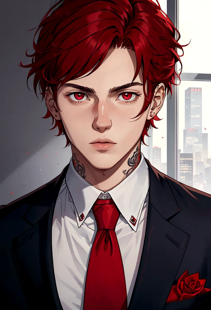 Portrait of a young European man,alone, Live in a large city,18 years old,Beautiful face,upper body,medium light red hair, Sharp focus,red business suit,red eyes,dark,shadow,middle hairstyle,There is a tattoo on the neck.