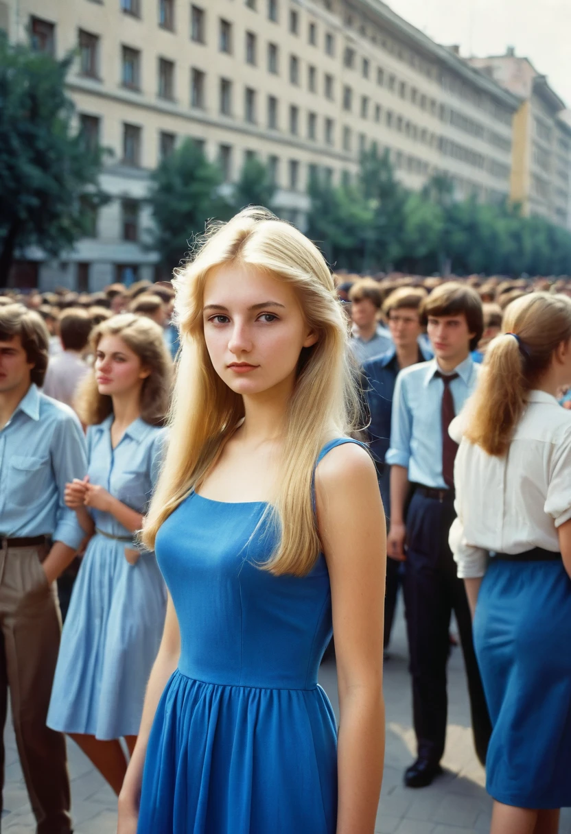 Photo of a beautiful girl 20 years old, university student in the USSR, 1980s, blonde. long, Closed, Blue dress. Photo taken in the city, From afar, to the streets, against the background of the crowd. There is a red hairpin in the girl's hair. The girl does not look into the frame. Full length girl.