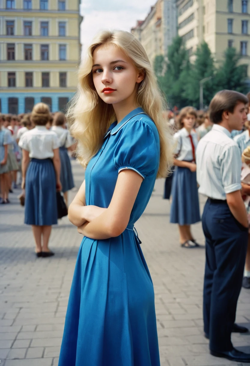 Photo of a beautiful girl 20 years old, university student in the USSR, 1980s, blonde. long, Closed, Blue dress. Photo taken in the city, From afar, to the streets, against the background of the crowd. There is a red hairpin in the girl's hair. The girl does not look into the frame. Full length girl.