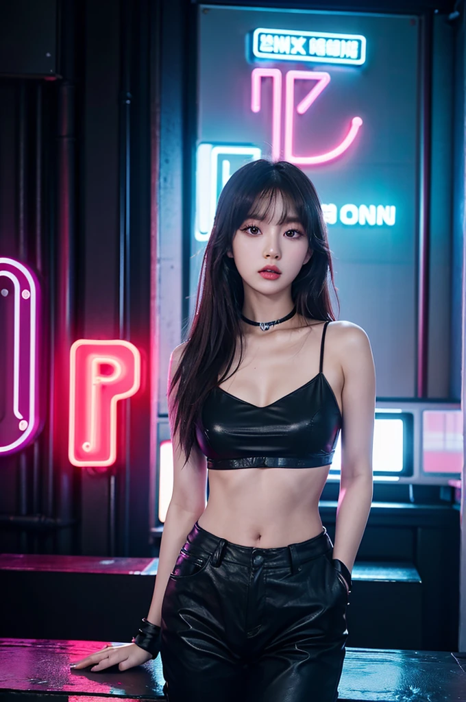 there is a woman standing in front of a neon sign, roseanne park of blackpink, trending on cgstation, trending at cgstation, jossi of blackpink, kda, portrait of jossi of blackpink, jaeyeon nam, xision wu, sun yunjoo, captured on canon eos r 6, cai xukun, gemma chen, bae suzy