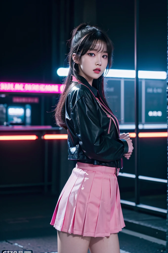 there is a woman standing in front of a neon sign, roseanne park of blackpink, trending on cgstation, trending at cgstation, jossi of blackpink, kda, portrait of jossi of blackpink, jaeyeon nam, xision wu, sun yunjoo, captured on canon eos r 6, cai xukun, gemma chen, bae suzy