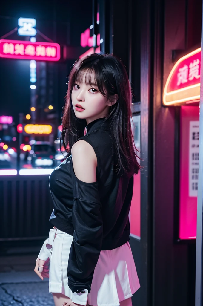 there is a woman standing in front of a neon sign, roseanne park of blackpink, trending on cgstation, trending at cgstation, jossi of blackpink, kda, portrait of jossi of blackpink, jaeyeon nam, xision wu, sun yunjoo, captured on canon eos r 6, cai xukun, gemma chen, bae suzy
