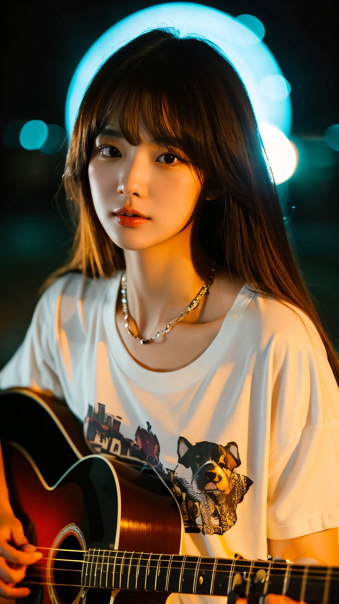 extreme close-up of beautiful korean female, 34 inch breasts size, wearing dog pattern t-shirt, necklace , playing guitar, under the neon light, night, bokeh background, UHD