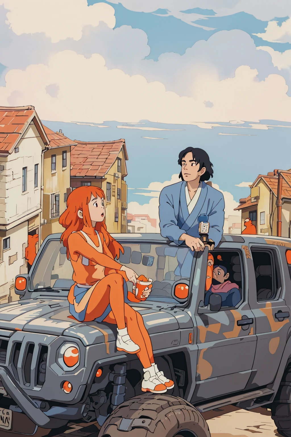 An orange-headed girl and a boy, Ghibli style, ((masterpiece)),((best quality)),(detailed),illustration,8K,rich and colorful, High contrast