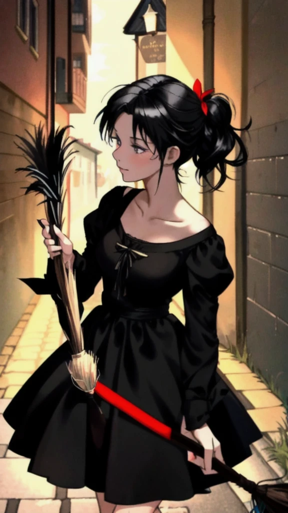 Ghibli-style animation. The Witch's Delivery Service. In the streets of Sweden. A girl. A black dress. Black hair. Short cut. A big red ribbon on her head. A broom in her hand. High quality. 4K quality