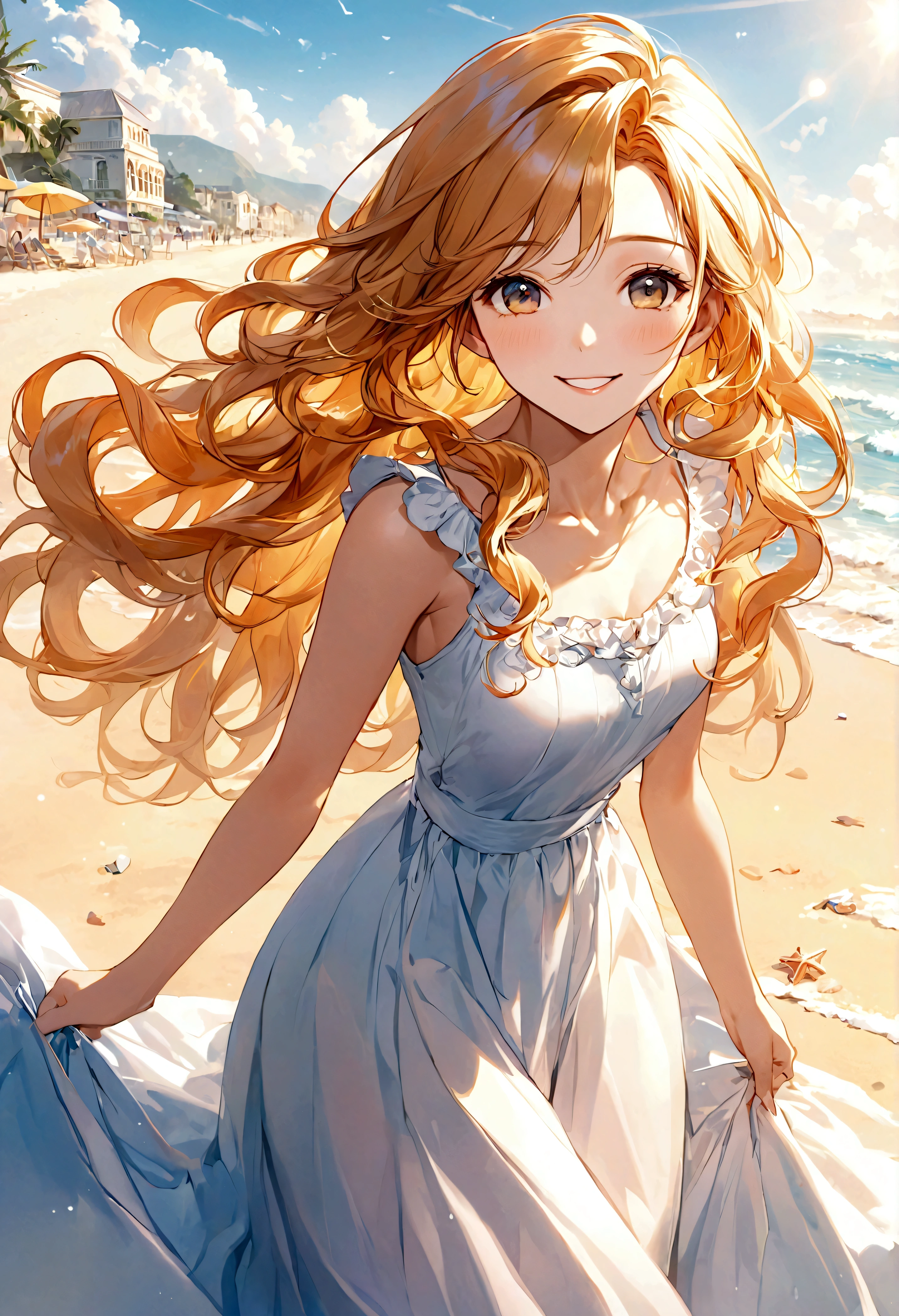 masterpiece,Ultra Detailed,Beautiful lady, Light long hair,Long wavy hair, beach，sunny，elegant smile, sweet smile, Relaxed expression, Fair skin