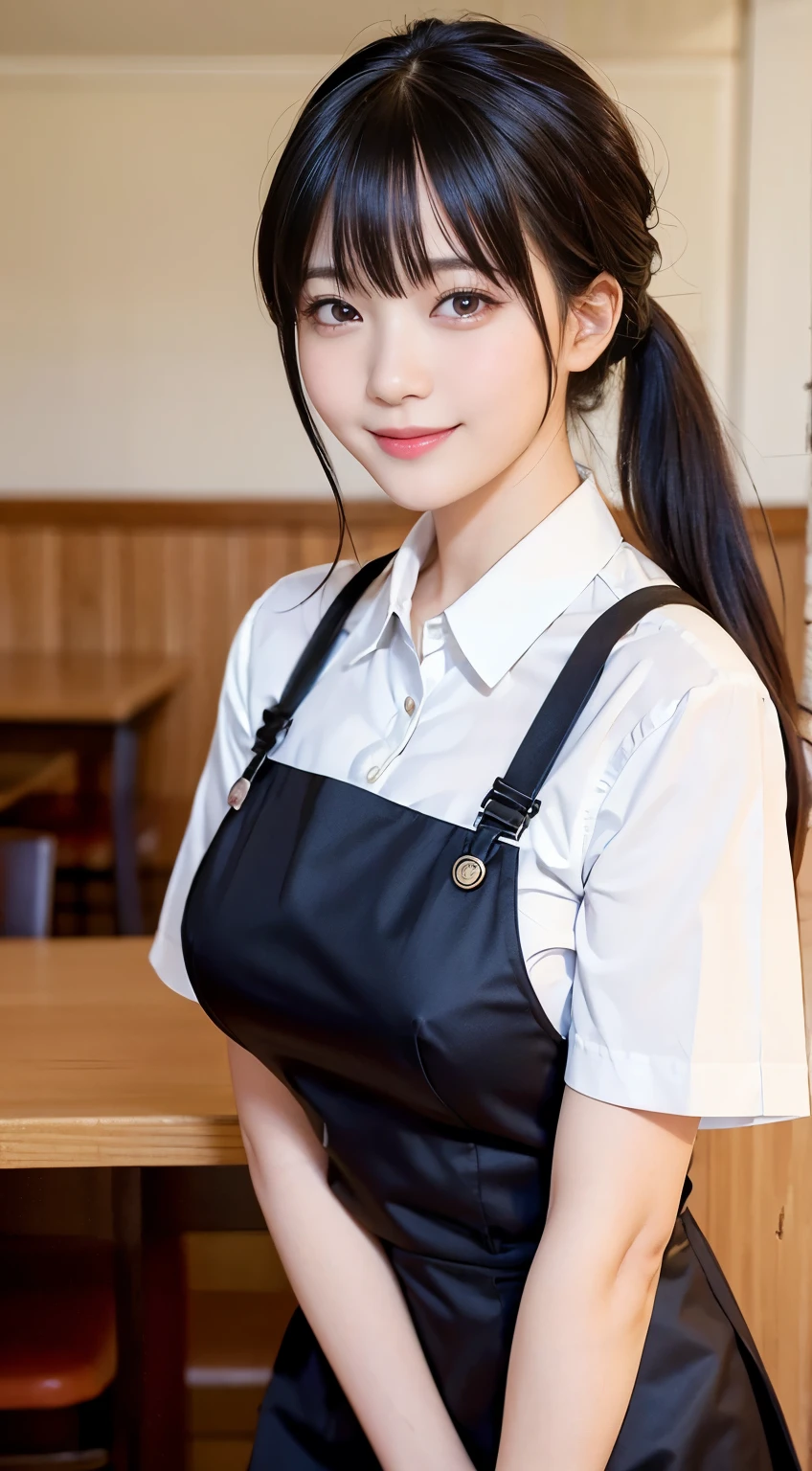 (highest quality,masterpiece:1.3,Ultra-high resolution,),(Very detailed,Caustics),(Realistic:1.4,RAW shooting,)Ultra-Realistic Capture,Very detailed,High resolution 16K human skin closeup。 Natural skin texture、,pores、、、、It must be detailed enough to be easily identifiable。 Skin tone is even and healthy looking。 Use natural light and color,restaurant,Waitress Uniform,1 girl,Japanese,18-year-old,cute,Black-haired,ponytail,Big Breasts,smile,Turn your body forward,(Front view:1.1),Looking into the camera,Cowboy Shot,