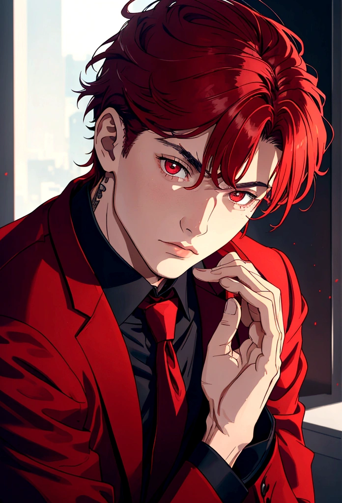 Portrait of a young European man,alone, Live in a large city,18 years old,Beautiful face,upper body,medium light red hair, Sharp focus,red business suit,red eyes,dark,shadow,middle hairstyle,has a tattoo on the neck