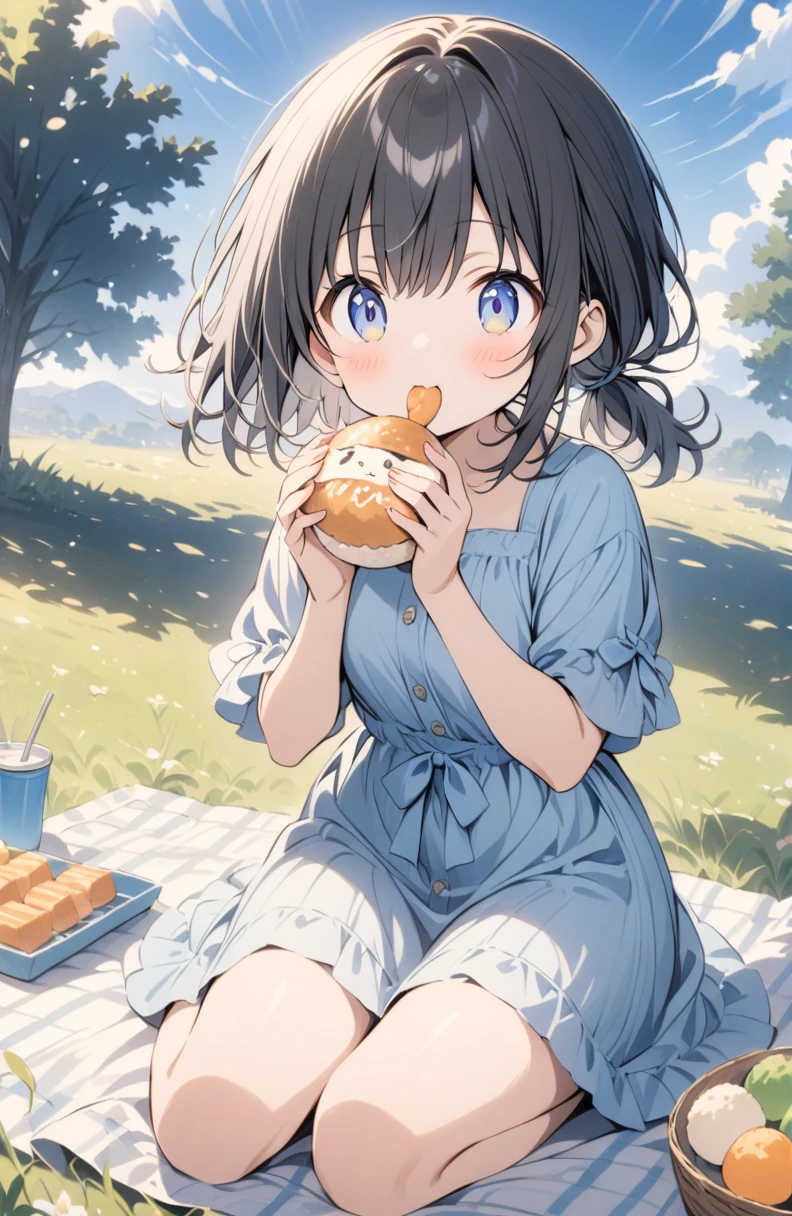(masterpiece:1.2),(anime),A girl eating rice ball、picnic、Blue sky and grassland、sitting on a picnic sheet、cute、Black Hair、Short Ponytail、A girl eating rice ball、picnic、Blue sky and grassland、cute、Black Hair、Bobcut、Eat deliciously、((Munch munch))