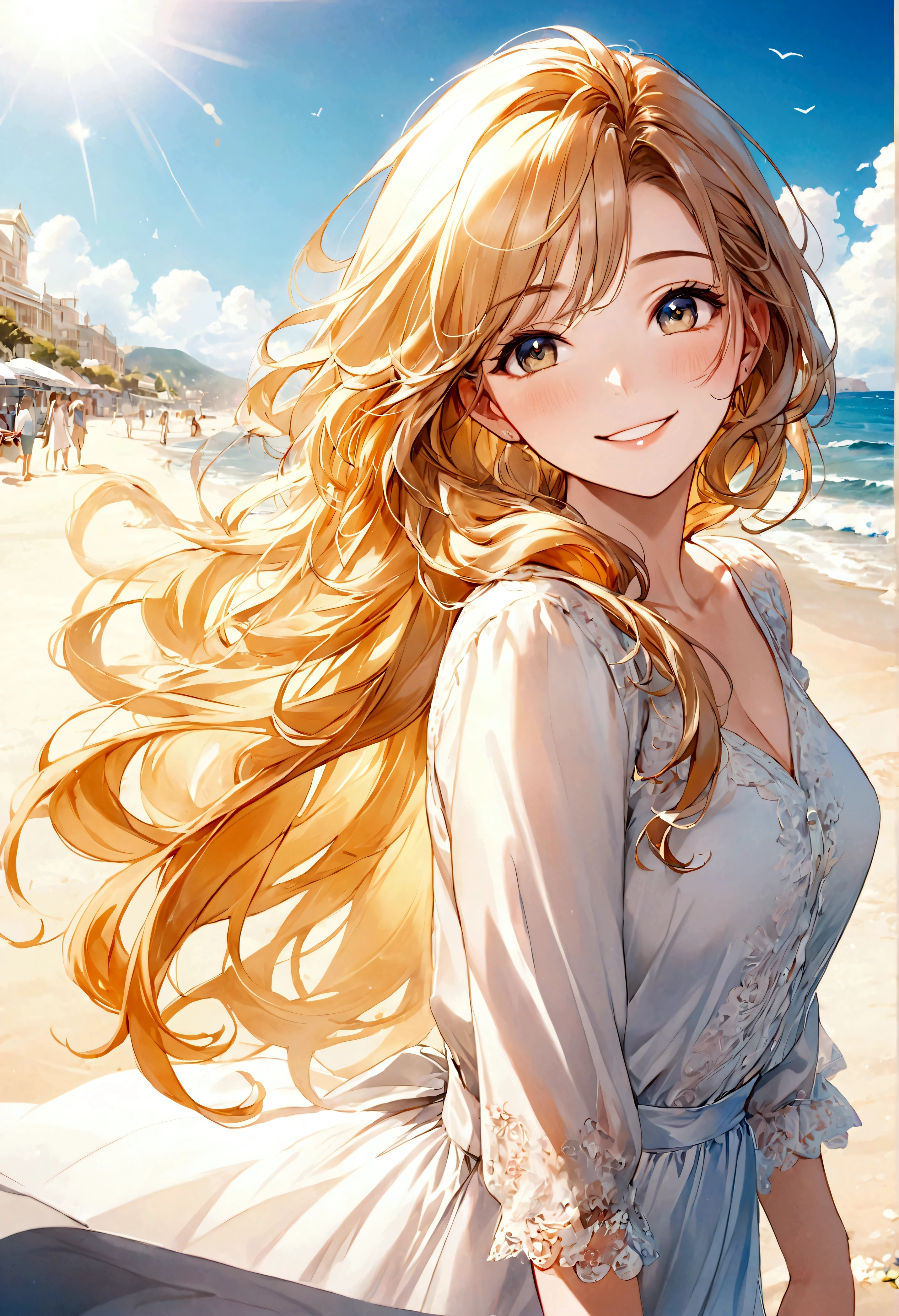 masterpiece,Ultra Detailed,Beautiful lady, Light long hair,Long wavy hair, beach,sunny,elegant smile, sweet smile, Relaxed expression, Fair skin