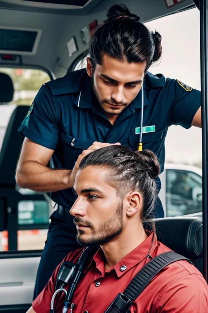 Male paramedic with long hair in a bun saving a life