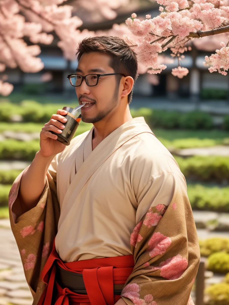 An award-winning original photo，a handsome 38-year-old man, crew cut, (((full body))), (((landscape))), mature man, [slightly fat], asian man, brown eyes, rounded face, glasses, slightly balding, 1boy, Solo, (big shoulders), (((stubbles, Short beard))), (((full beard))), (Beautiful eyes:1.3), (Detailed face:1.3), wearing glasses, Dynamic Angle, volumetric lighting, (Best quality, A high resolution, Photorealistic), Cinematic lighting, Masterpiece, RAW photo, Intricate details, (extremely detailed 8k wallpaper), masterpiece 16k photo, traditional kimono for man, sakura petals flow with the wind, drinking japanese sake wine under sakura tree,