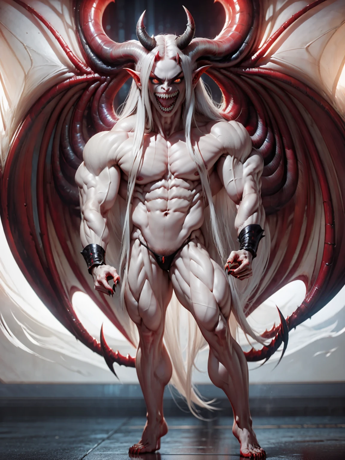 (megan fox), ((((((1 muscular demon girl)))))), (((huge upper body))), long hair, ((((huge demon wings))), (((pale skin))), (((sharp teeth, Huge horns, large nails))), navel, ((((full body front view))))