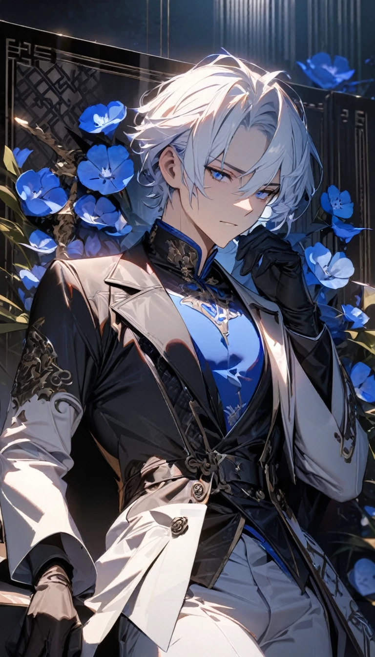(masterpiece:1.5)，best quality，(1 Handsome and calm man)，alone，white hair，(blue eyes), (soft expression)，perfect face，Fantasy Chinese style，Long black trench coat，white and blue cloth，Complex clothing design with Chinese elements，Black leather gloves，white lining，White suit pants，Slightly muscular body，High，8K，Beautiful contrast of light and shadow，purple flower，Dark luxury background，((chess))，(complete upper body)，Positive face，Nemophila，luxury screen，blue flowers