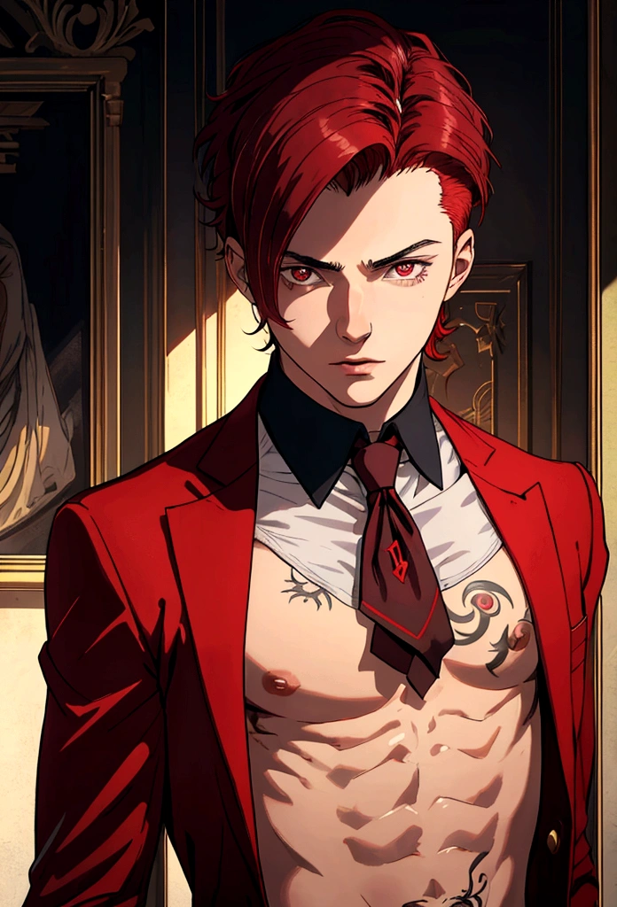 Portrait of a young European man,alone, Live in a large city,18 years old,Beautiful face,upper body,medium light red hair, Sharp focus,red business suit,red eyes,dark,shadow,middle hairstyle,Has a tattoo of the son of god on his neck.