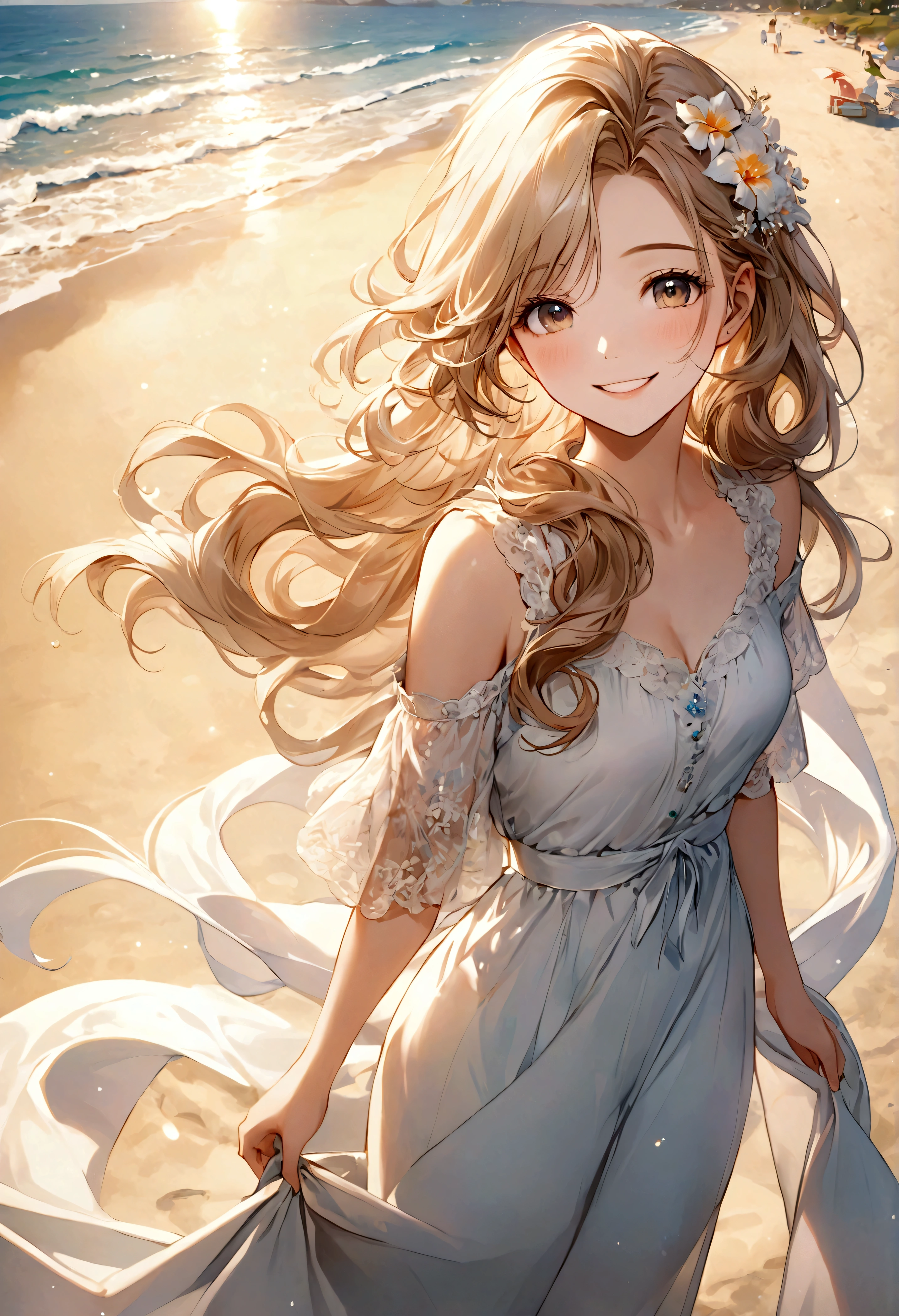 masterpiece,Ultra Detailed,Beautiful lady, Light long hair,Long wavy hair, beach,sunny,elegant smile, sweet smile, Relaxed expression, Fair skin