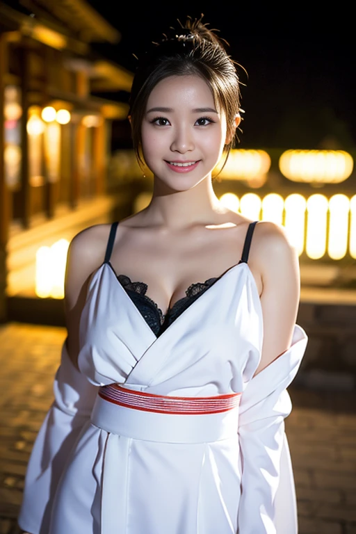a gorgeous lady, age 22, white Hanfu, standing under night sky, dimpled smile, short ponytail hair, in a natural pose, photorealistic, beautiful detailed eyes, ample round bosom, hyper-realism, high contrast, ultra HD, realistic skin textures, top image quality, top-quality, super high resolution, fine details, very meticulously, bokeh background