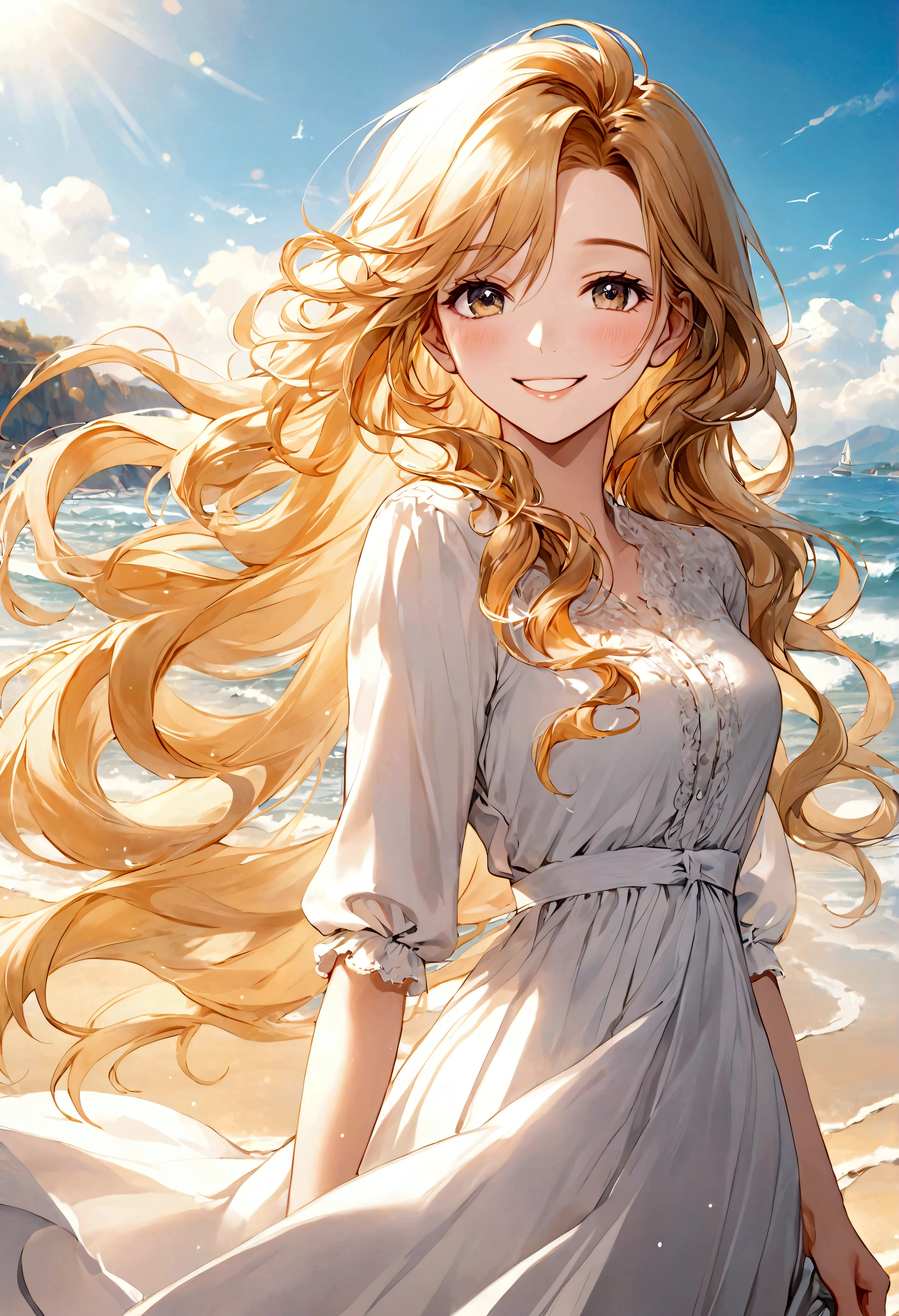 masterpiece,Ultra Detailed,Beautiful lady, Light long hair,Long wavy hair, beach,sunny,elegant smile, sweet smile, Relaxed expression, Fair skin