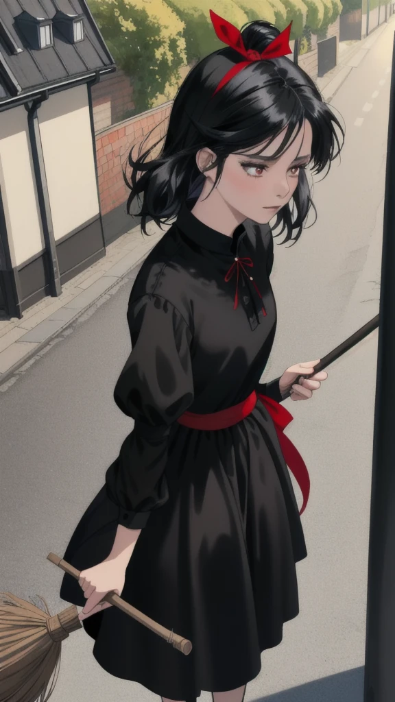 Ghibli-style animation. The Witch's Delivery Service. In the streets of Sweden. A girl. A black dress. Black hair. Short cut. A big red ribbon on her head. A broom in her hand. High quality. 4K quality