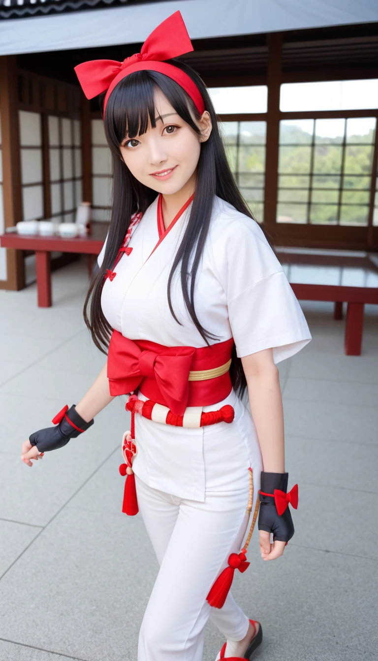 masterpiece, best quality,1 Girl, Solitary, Discomfort, red bow, bow, long hair, hair bow, Ainu clothing, Solitary, Headband, Black Hair, fingerless Gloves, Short sleeve, Gloves, sash, Bangs, red Headband, breast, Brown eyes, White pants, Japanese clothes, masterpiece, A faint smile, (illustration: 1.5), Running towards the viewer