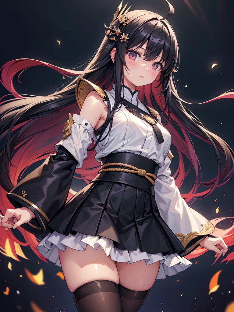 One girl, Matsumoto, black hair, ahoge, long hair, hair ornament, white shirt, sleeveless, wide sleeve, miniskirt, (novel: 1.5), black pantyhose, Japanese armor, (dark light: dark light: 1.2), (Ultra-extreme diet), (Masterpiece), (Ultra-extreme), (Realistic), Game CG, Illustration, Novel i illustration, beautiful lighting, light from the front,