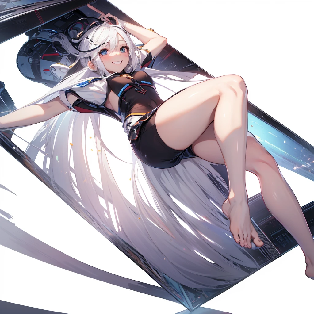 CG, Unity, 8k, wallpaper, highest quality, masterpiece, One girl, Cheerful girl, , (Bright smile: 1.2), barefoot, Best lighting, Complex pupil, Complex weaving,Low - Angle,White Hair,Hair covering one eye,whole body,((White background))