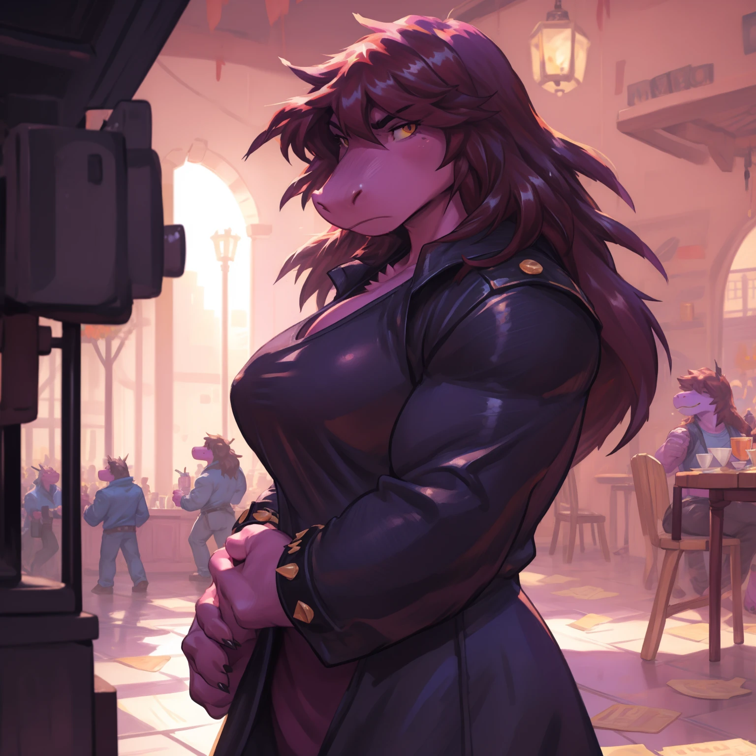 susie, susie deltarune, muscular, strong, plump, heavy, dragon, short stack, female, arnold schwarzenegger, large breasts, bodybuilder pose uploaded on e621, (detailed background, depth of field), (intricate:1.1), (high detail:1.2), (soft focus), (masterpiece, best quality, 4k, 2k, shaded, absurd res), by CyanCapsule, by Chunie, by Hallogreen