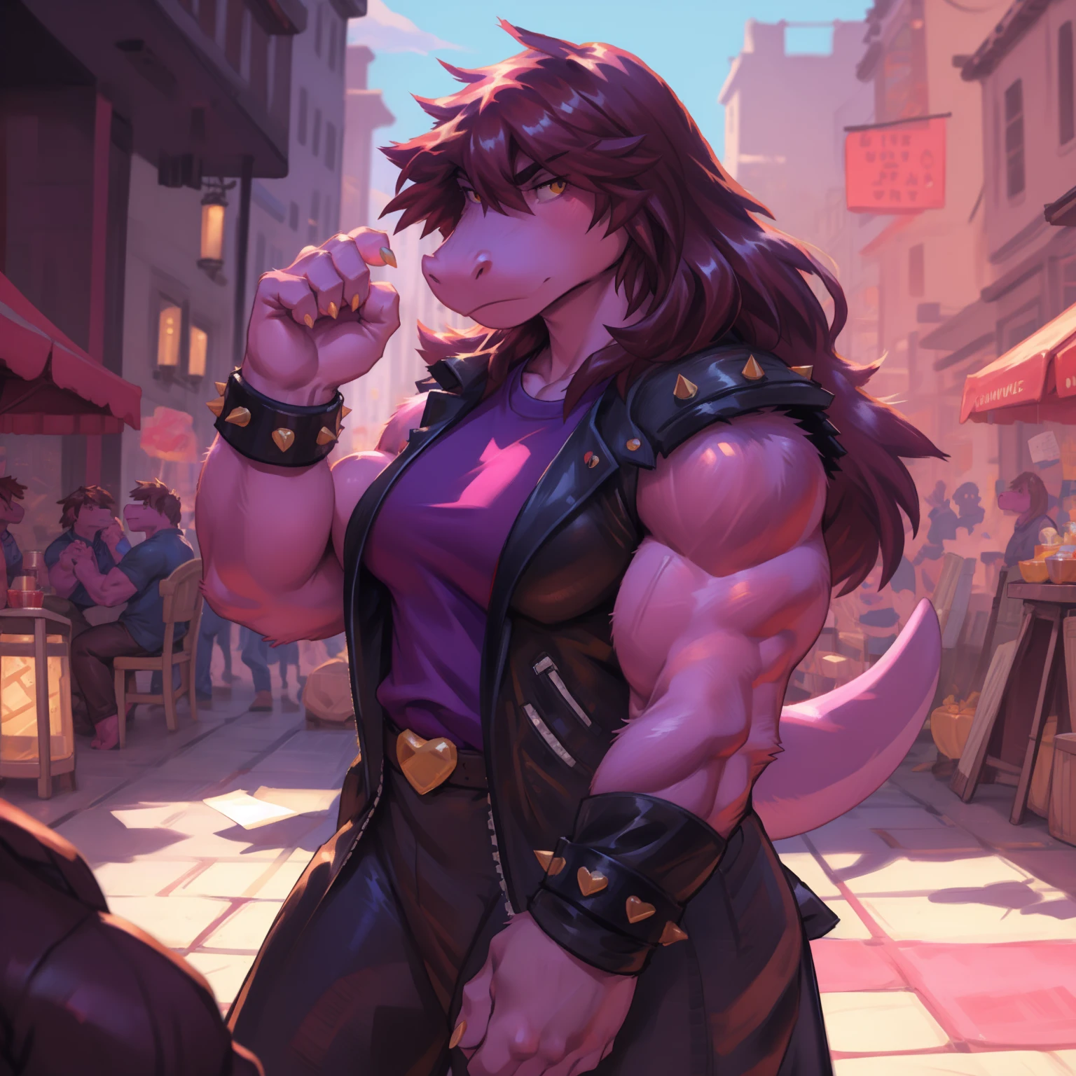 susie, susie deltarune, muscular, strong, plump, heavy, dragon, short stack, female, arnold schwarzenegger, large breasts, bodybuilder pose uploaded on e621, (detailed background, depth of field), (intricate:1.1), (high detail:1.2), (soft focus), (masterpiece, best quality, 4k, 2k, shaded, absurd res), by CyanCapsule, by Chunie, by Hallogreen