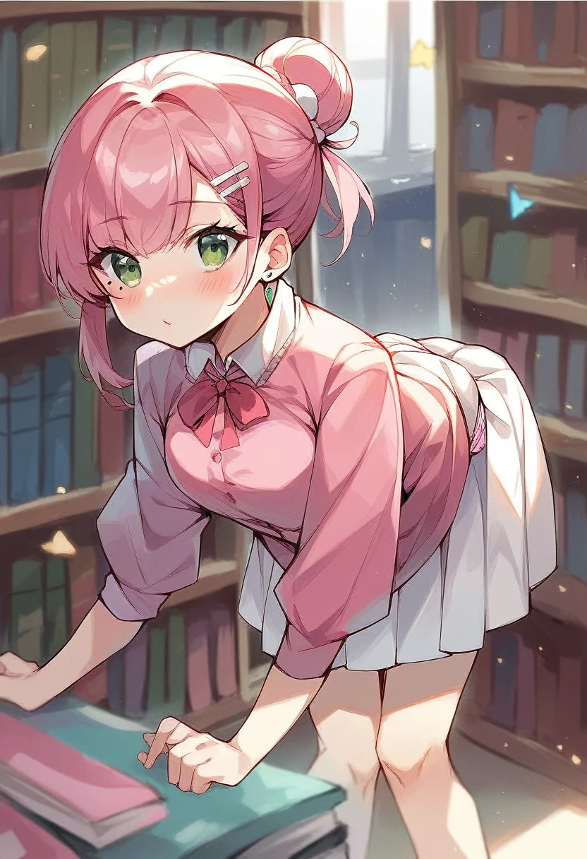 score_9, score_8_up, score_7_up, score_6_up, score_5_up, score_4_up, 
20 years old, 
dark pink hair, hair bun, two bangs, white hairpin, silver earrings, green eyes, mole, cute, 
slim build, medium breast, 
blush,
pink shirt, white skirt, stripe panties,
library,
bent over, , 
straight on,
source_anime