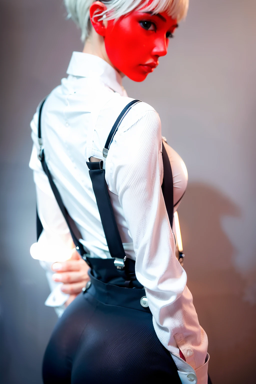 best quality, (photorealistic:1.4), 1girl, (black shirt:1.2),  (grey long pants:1.2),(white suspenders:1.4), perfect female figure, full body, from back, white background, short hair, slim