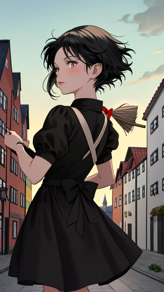 Ghibli-style animation. The Witch's Delivery Service. In the streets of Sweden. A girl. A black dress. Black hair. Short cut. A big red ribbon on her head. A broom in her hand. High quality. 4K quality