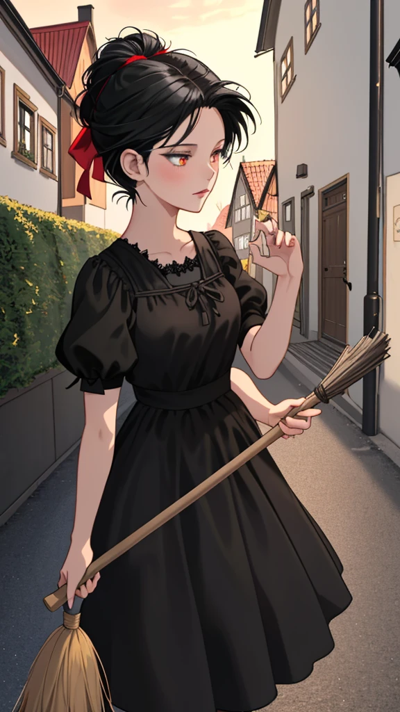 Ghibli-style animation. The Witch's Delivery Service. In the streets of Sweden. A girl. A black dress. Black hair. Short cut. A big red ribbon on her head. A broom in her hand. High quality. 4K quality
