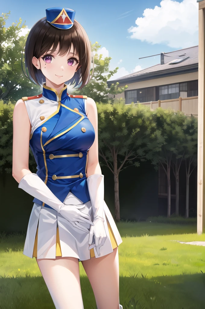 masterpiece, best quality, highres, hetero, brown hair, short hair, purple eyes, mole under eye, hat, band uniform, sleeveless, white gloves, pleated skirt, knee boots, cowboy shot, standing, smile, outdoors