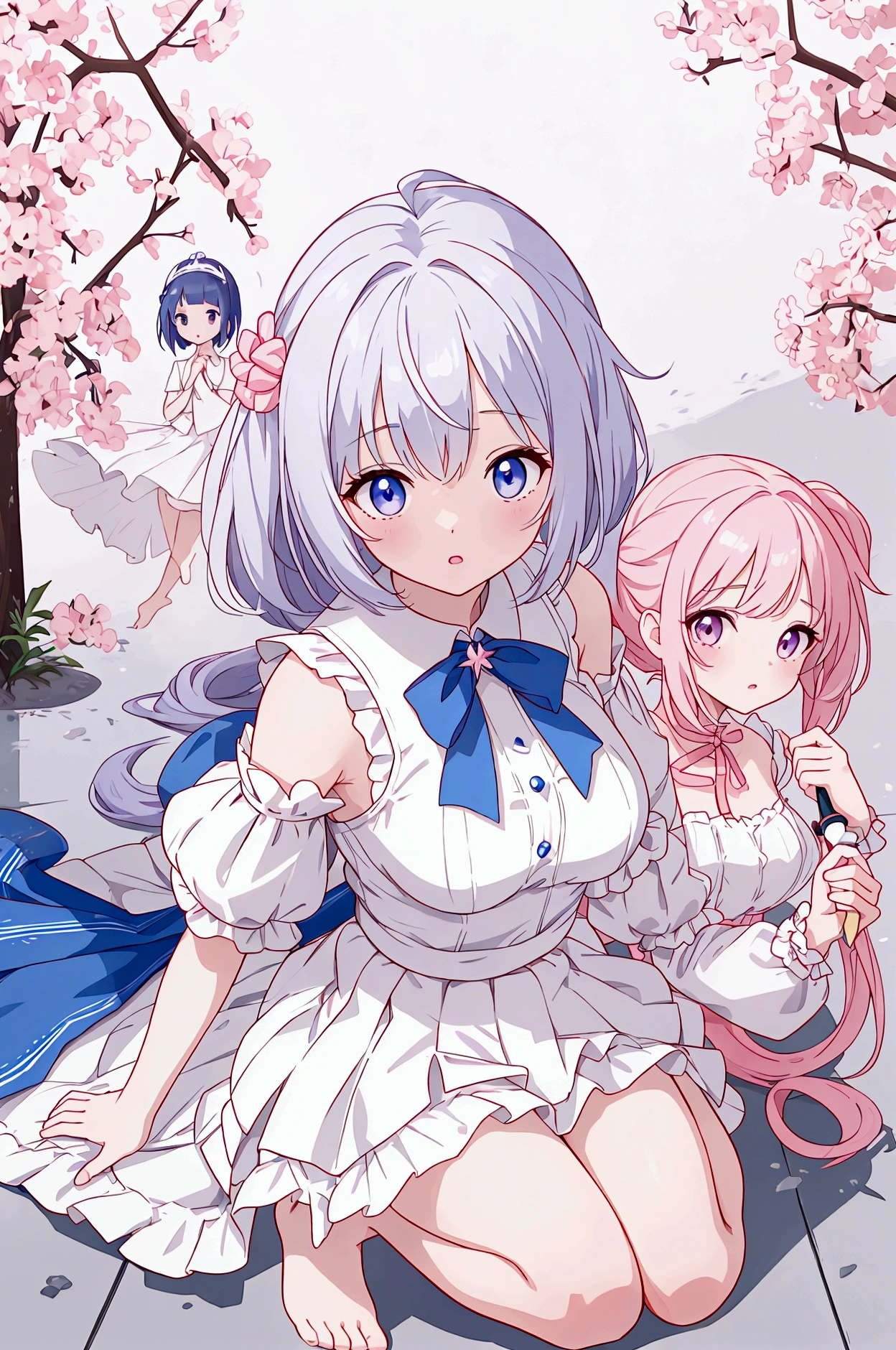 Plain white with emphasis on the chestTshirt、You can see the chest from the neck、Ultramarine and white striped mini skirt、When you lift up her skirt you can see her cute pink frilly underwear.、A fluffy, white ruffled flared skirt、When she flipped her skirt up, she found cute red ruffled underwear、barefoot、hot spring、Three girls of different heights Magical girl with magic wand、