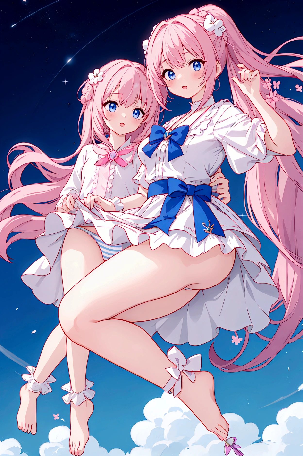 Plain white with emphasis on the chestＴshirt、You can see the chest from the neck、Ultramarine and white striped mini skirt、When you lift up her skirt you can see her cute pink frilly underwear.、A fluffy, white ruffled flared skirt、When she flipped her skirt up, she found cute red ruffled underwear、barefoot、hot spring、Three girls of different heights Magical girl with magic wand、