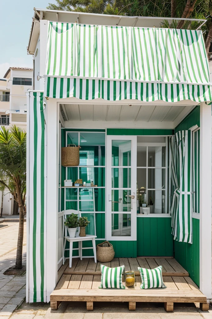 pop up shop with green and white stripes floating to sea