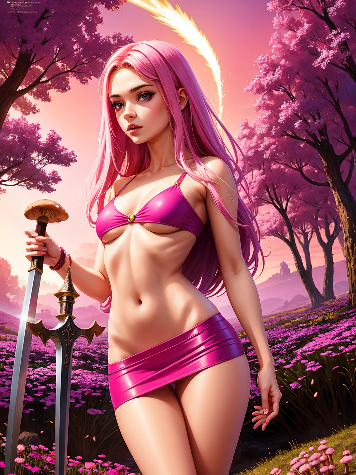 Young sexy girl, detailed face and body, 18 years old, short, toned figure, small breasts, medieval magician outfit, underboob, short skirt, horny, wielding straight sword, background of pink mushroom forest, celestial forest, pastel colors, pink sky