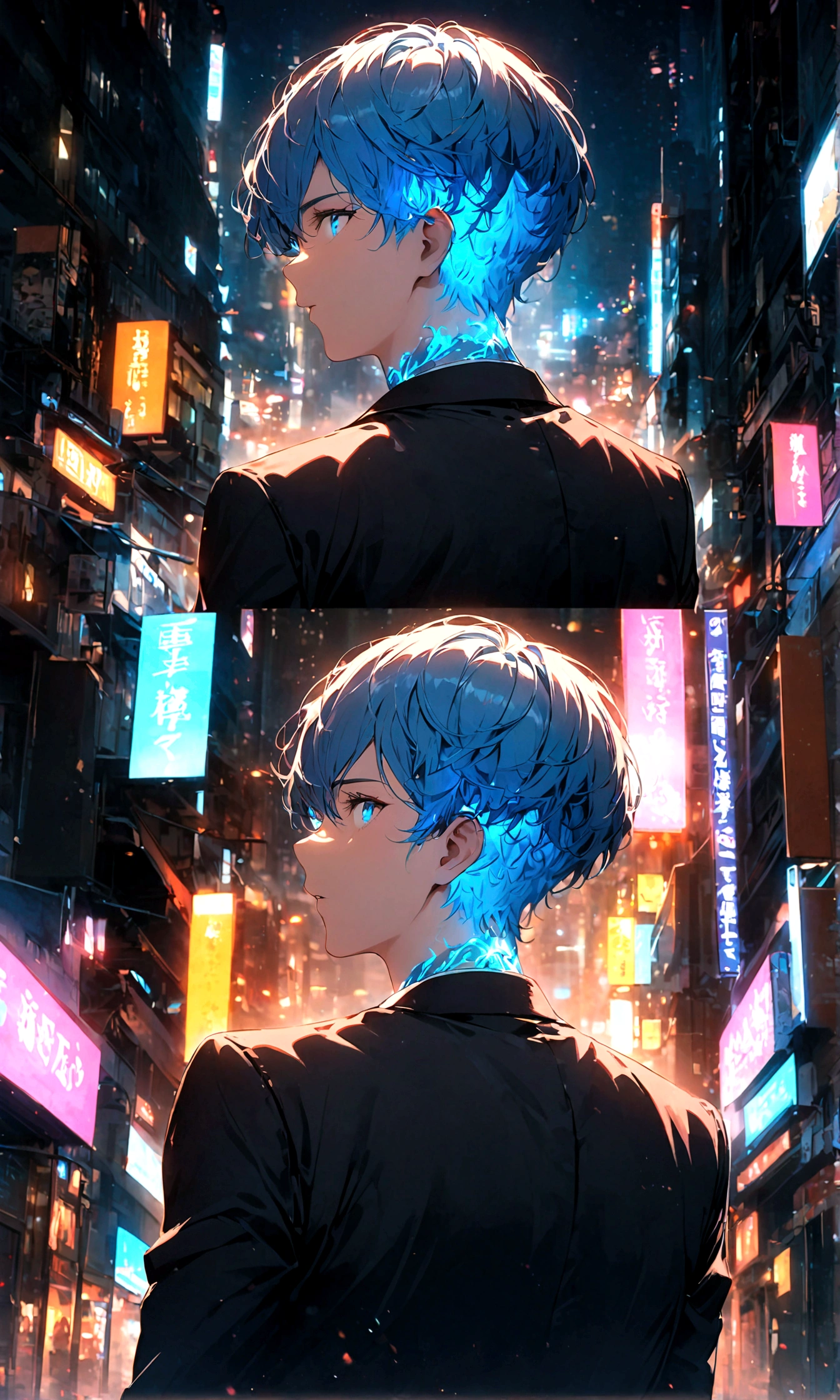 A blue-haired, blue-eyed man in a black suit turned his back and half his face in the middle of the city at night.