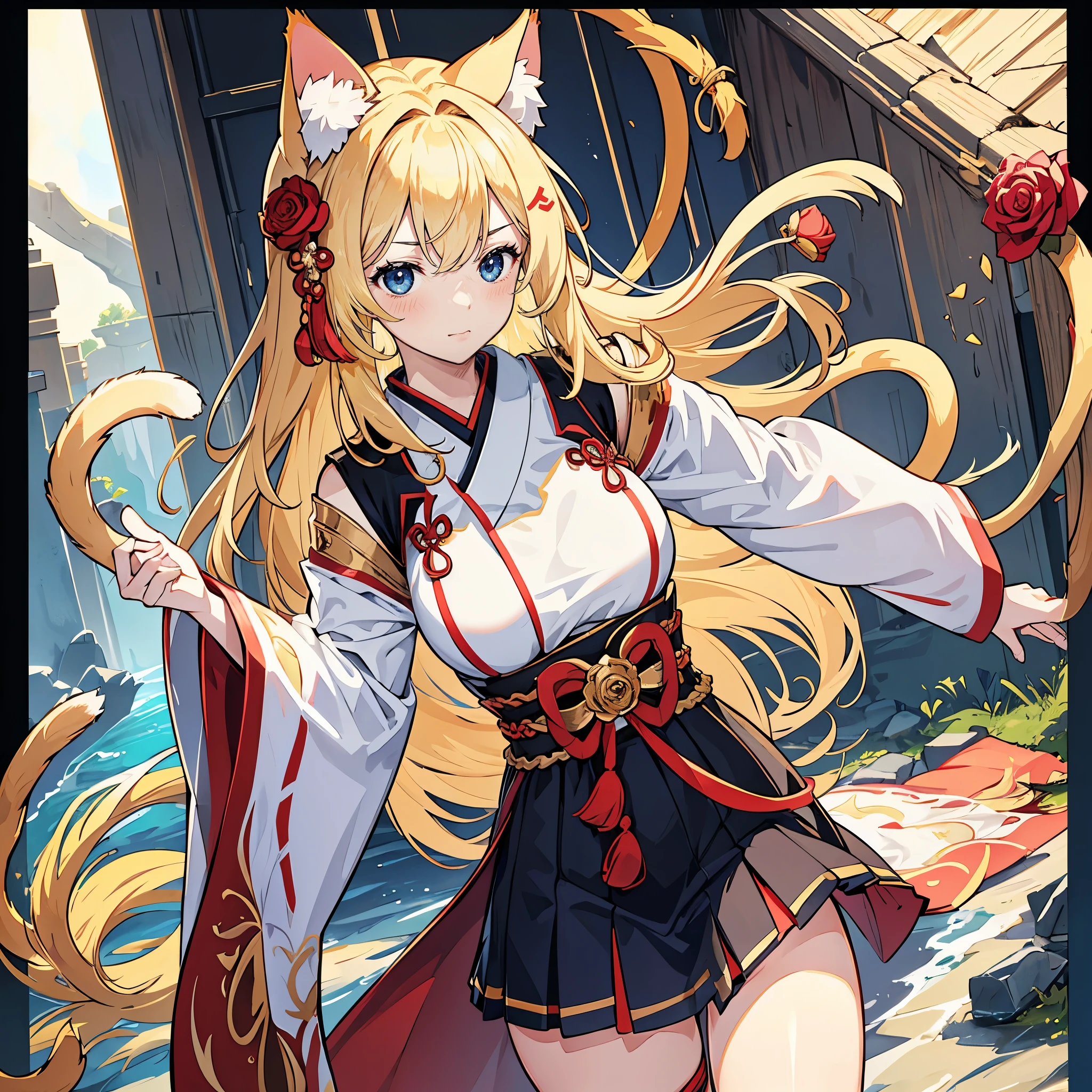 blonde hair, odd red and blue eyes, young, big breasts, hair ornament, animal ear hair, cat ears, (only one cat tail: 1.4), super fluffy, drilled twin tail hair, blushing, surprised facial expression, (wears a Japanese-style dress. wears a rose hair ornament on the side of the head), simple white background, (top camera: 1.2), (complex: 0.7), (high detail: 1.3), (Unreal Engine) :1.3), (Sharp Focus, Masterpiece, Top Quality, 4K, 2K, Shaded, Absurd Resolution), [Suspicious Content]