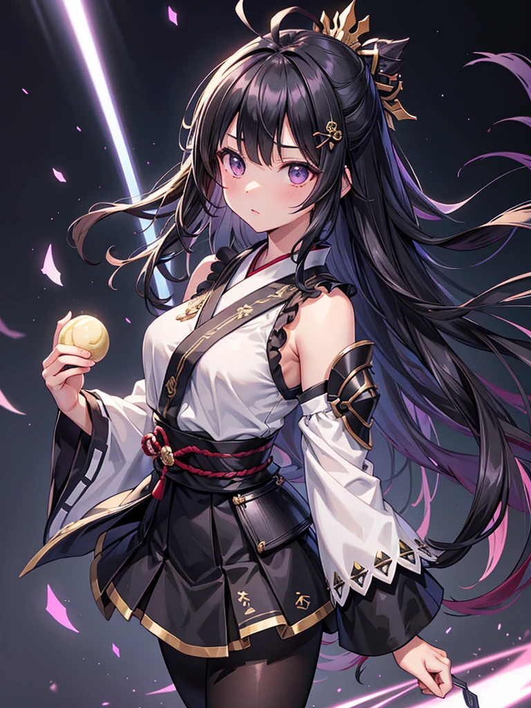 One girl, Matsumoto, black hair, ahoge, long hair, hair ornament, white shirt, sleeveless, wide sleeve, miniskirt, (novel: 1.5), black pantyhose, Japanese armor, (dark light: dark light: 1.2), (Ultra-extreme diet), (Masterpiece), (Ultra-extreme), (Realistic), Game CG, Illustration, Novel i illustration, beautiful lighting, light from the front,