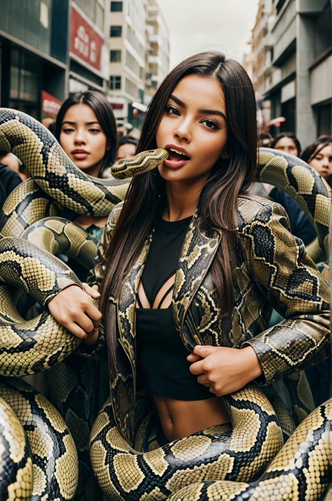 A beautiful girl with snakes mouth in a crowded place 