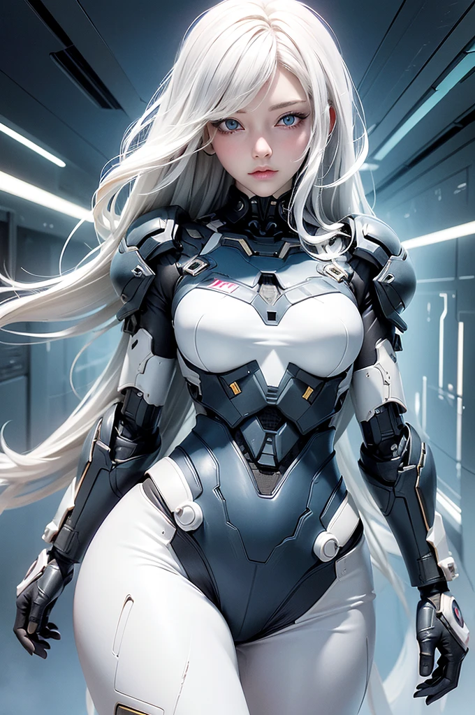 ((Cyberpunk women images)),Dynamic pose、(masterpiece:1.4, highest quality, Dutch Angle)(One girl, alone)(White hair that changes with the light、Smooth and straight hair、WHITE hair fluttering in the wind)、(beautiful, Glowing Skin、Cheek gloss highlighter、Sexy and very beautiful and adorable face、世界で最もbeautiful顔、big, Sparkling blue eyes)、(Cute 25 year old girl、Ample breasts、Narrow waist、Delicate shoulders、Perfect figure)(Overall dark、Abandoned futuristic city、End of the Century World、Traces of war)(Futuristic combat suit、Battle Armor、Highly decorated battle suit)
