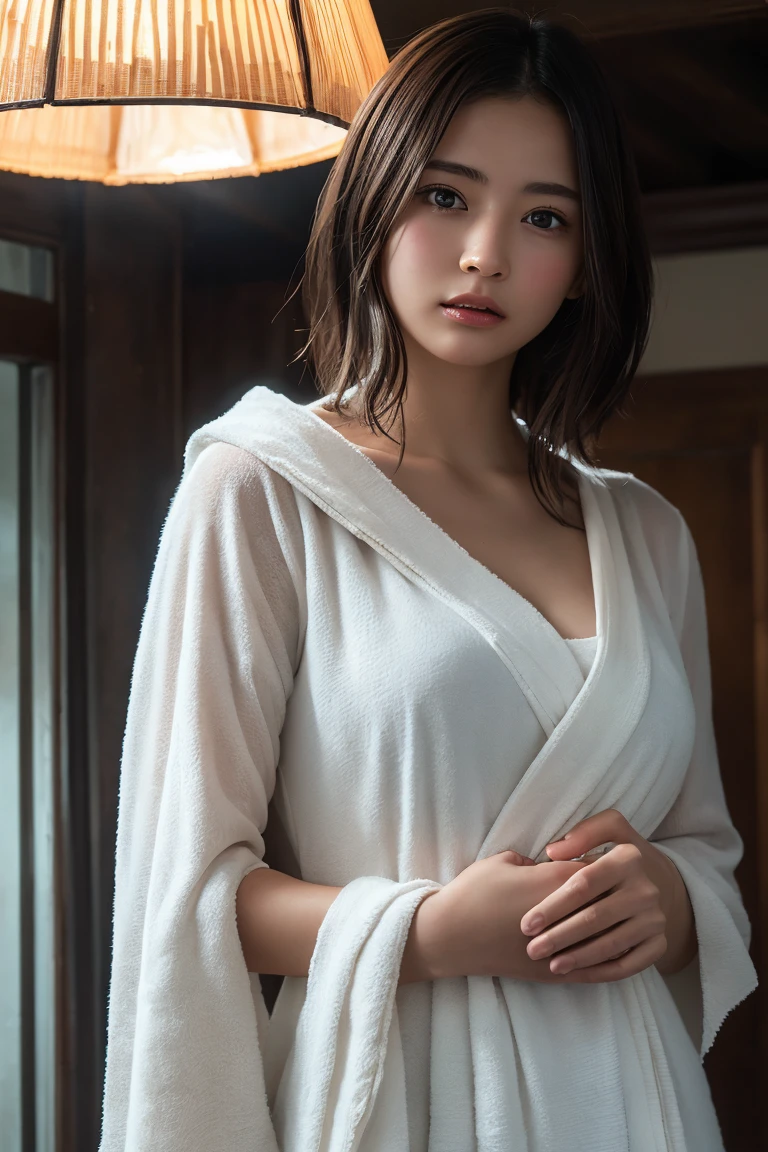 (highest quality:1.4),(masterpiece:1.4),(Realistic:1.4),(Realistic:1.2),(超High resolution, RAW Photos:1.4),(High resolution, Ultra-detailed:1.2),(8k:1.2),View your viewers,Cinematic photography,a photo of a dark-haired,One girl,alone,((After bath,Completely naked,Damp Hair,Wrap a bath towel around your body,View from the front)),skeletally correct,(Western-style building interior,Dimly lit room,The lamplight shines on my cheeks)