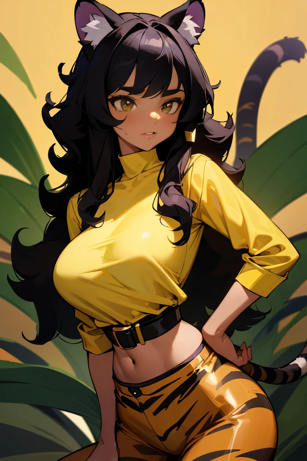 Girl, brown skin, black tiger ears, tiger tail, hazel eyes, curly black hair, gold belt with a green crystal, loose purple pants, big breasts.
