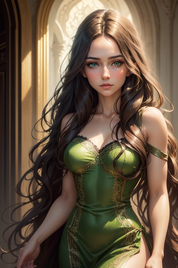 a beautiful woman with green eyes, portrait of a young woman with bright green eyes, delicate facial features, flawless skin, long wavy brown hair, serene expression, ethereal beauty, cinematic lighting, hyper-realistic, intricate details, oil painting, vibrant colors, dramatic chiaroscuro, moody atmosphere, elegant and graceful