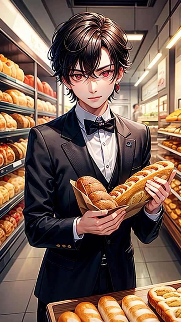 A man,solo,with red eyes,and wearing earrings, wearing necklace,with black tuxedo,at bakery shop or bread shop,2d realistic anime