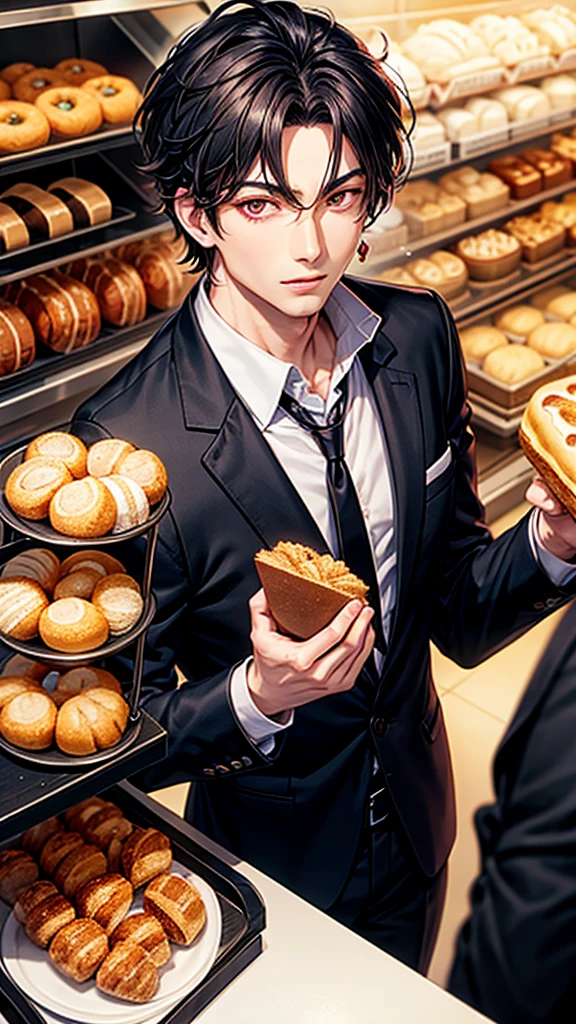 A man,solo,with red eyes,and wearing earrings, wearing necklace,with black tuxedo,at bakery shop or bread shop,2d realistic anime